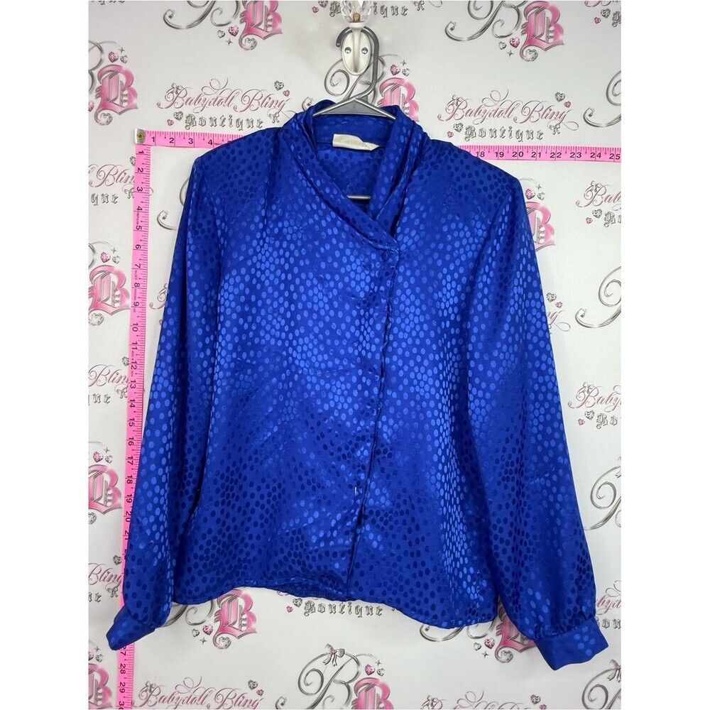 CHORUS LINE vintage blouse dots Women's Royal Blue Satin Button-Down Blouse